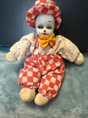 Red & Cream Check Clown Doll with Yellow Bow - Kids Toy